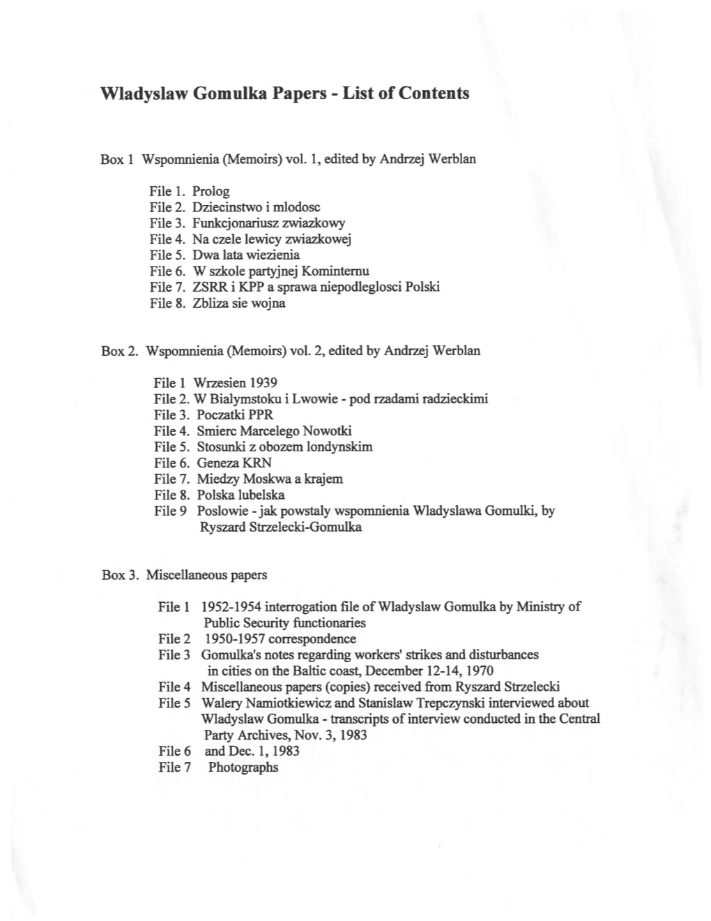 Wladyslaw Gomulka Papers - List of Contents