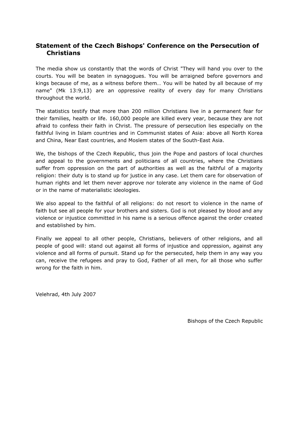 Statement of the Czech Bishops' Conference on the Persecution of Christians