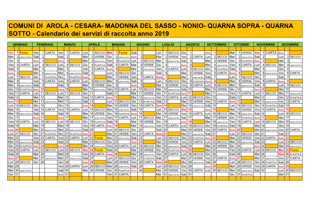 COMUNI DI AROLA - CESARA- MADONNA DEL SASSO - NONIO- QUARNA SOPRA - QUARNA SOTTO - Calendario Dei Servizi Di Raccolta Anno 2019