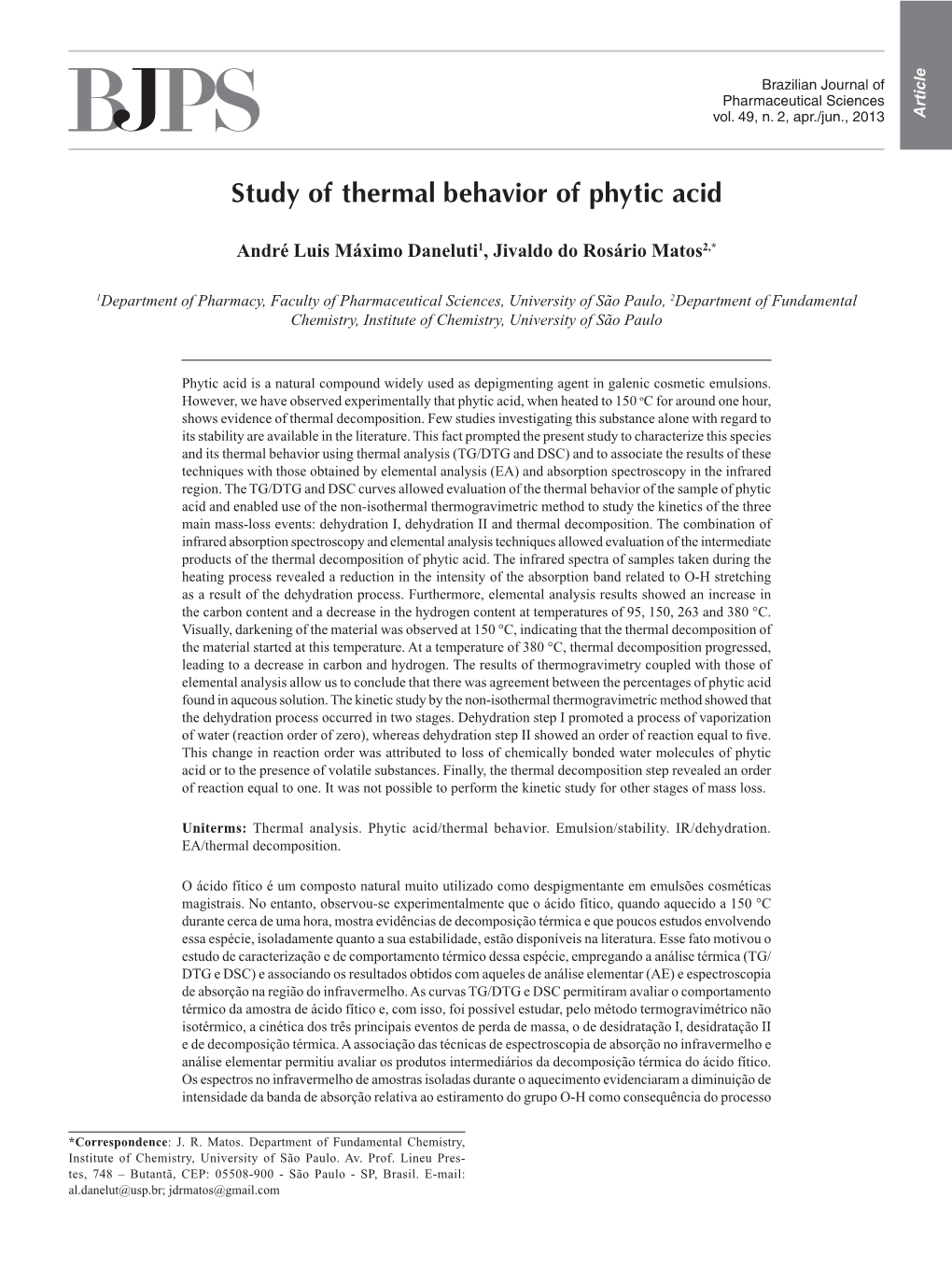 Study of Thermal Behavior of Phytic Acid