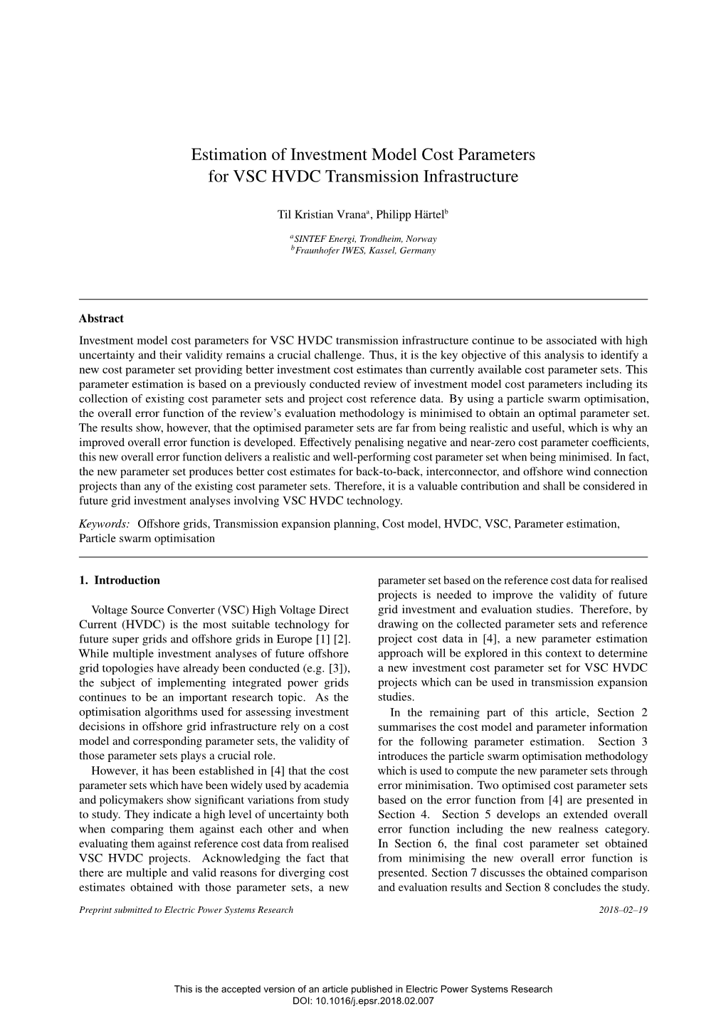 Estimation of Investment Model Cost Parameters for VSC HVDC Transmission Infrastructure