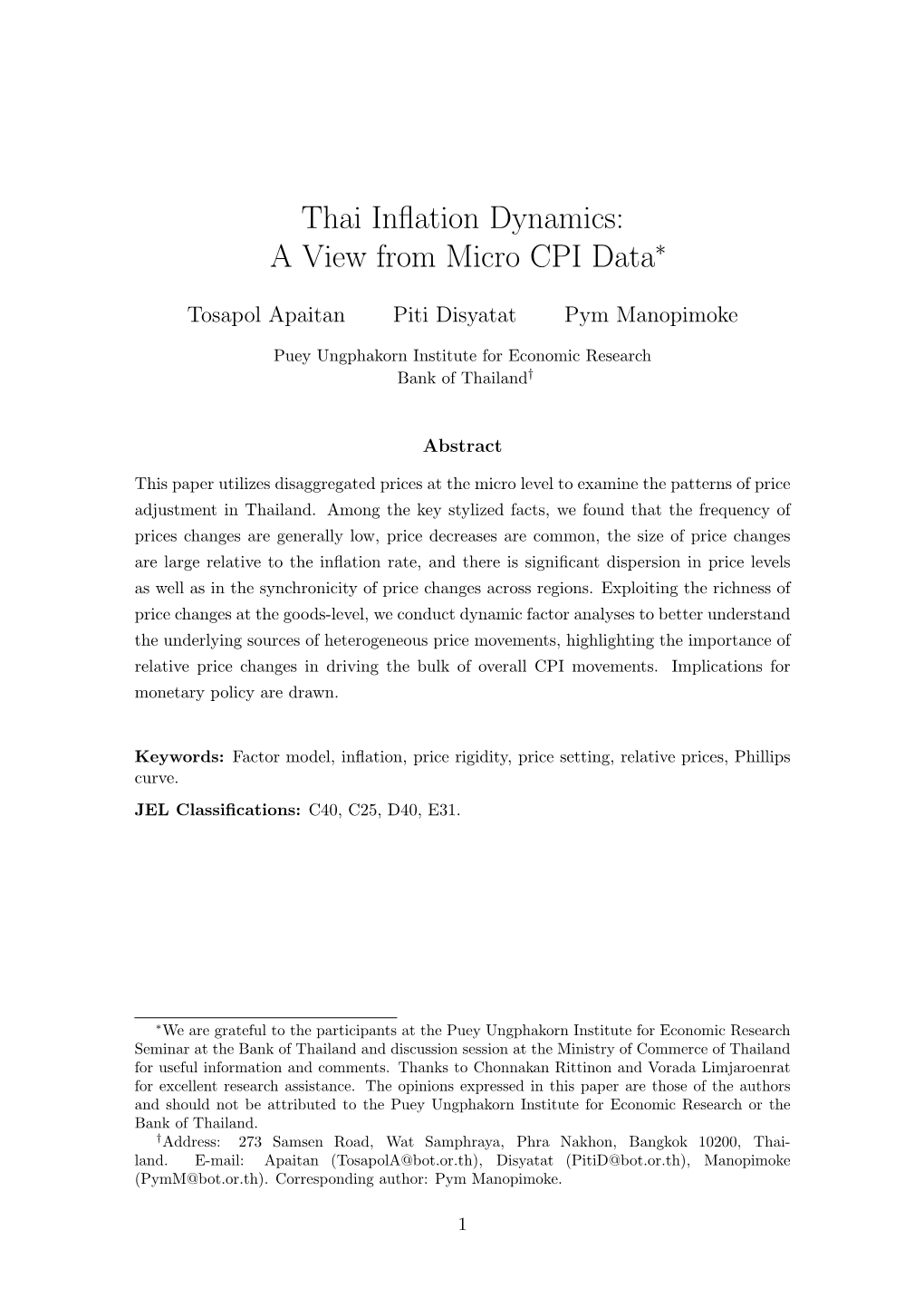 Thai Inflation Dynamics: a View from Micro CPI Data