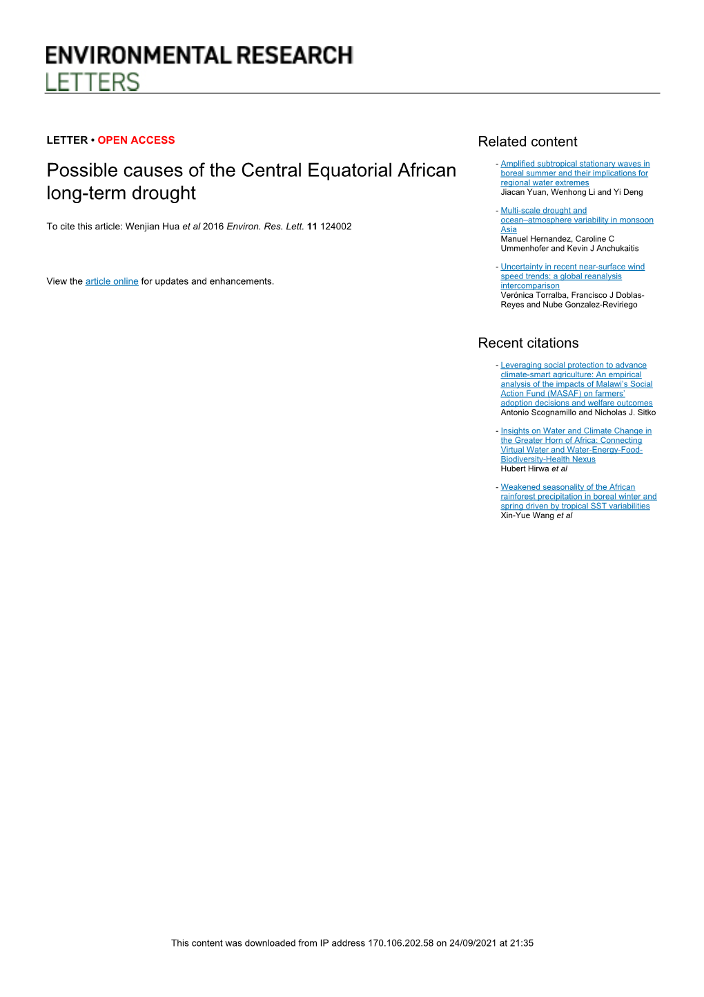 Possible Causes of the Central Equatorial African Long-Term Drought