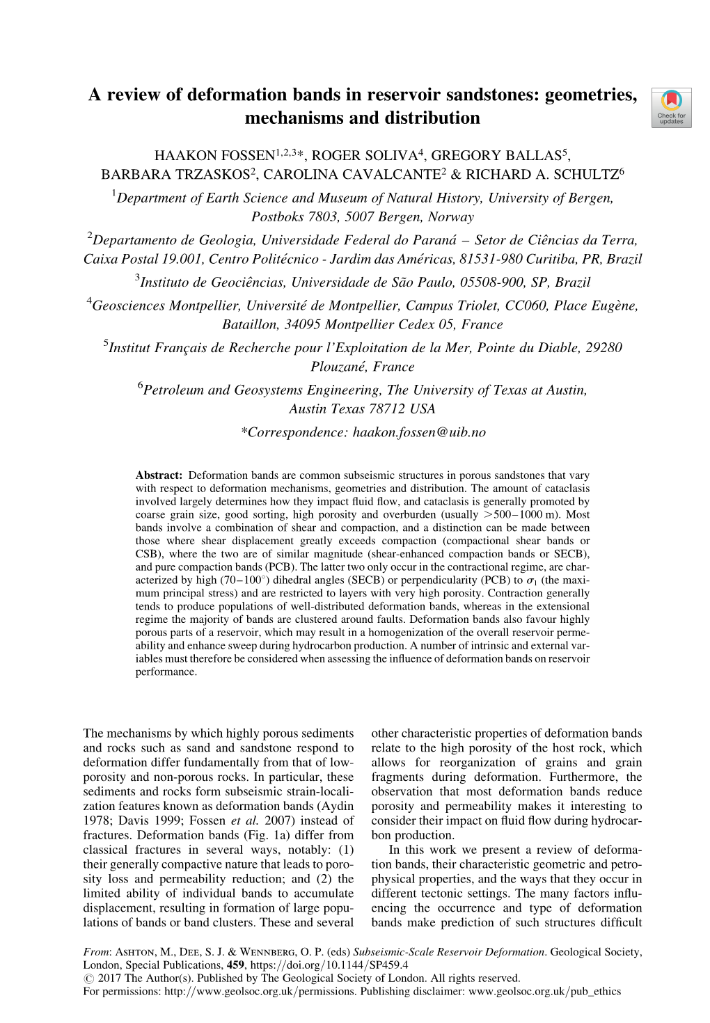 A Review of Deformation Bands in Reservoir Sandstones: Geometries, Mechanisms and Distribution