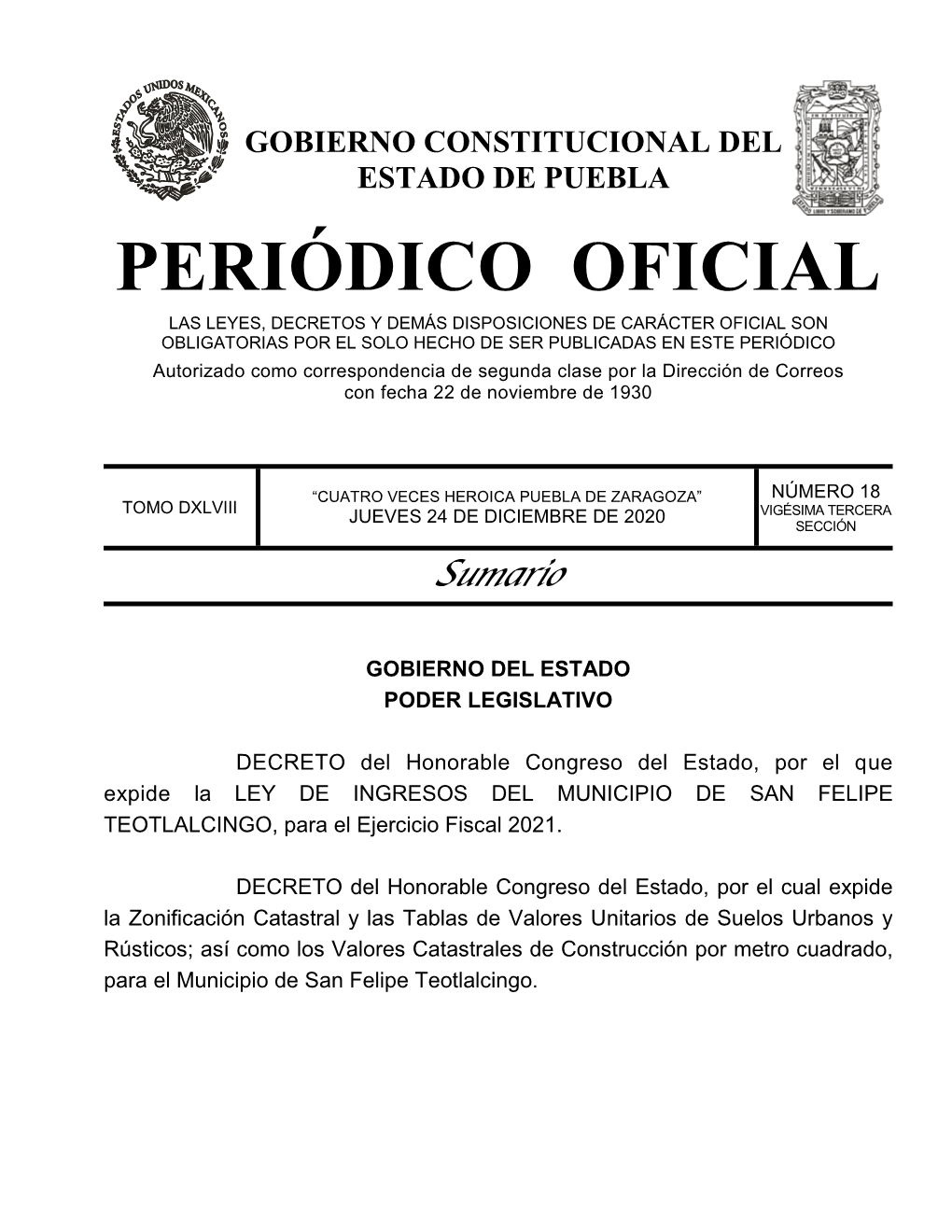 LEY DE INGRESOS DEL MUNICIPIO DE SAN FELIPE TEOTLALCINGO, Para El Ejercicio Fiscal 2021