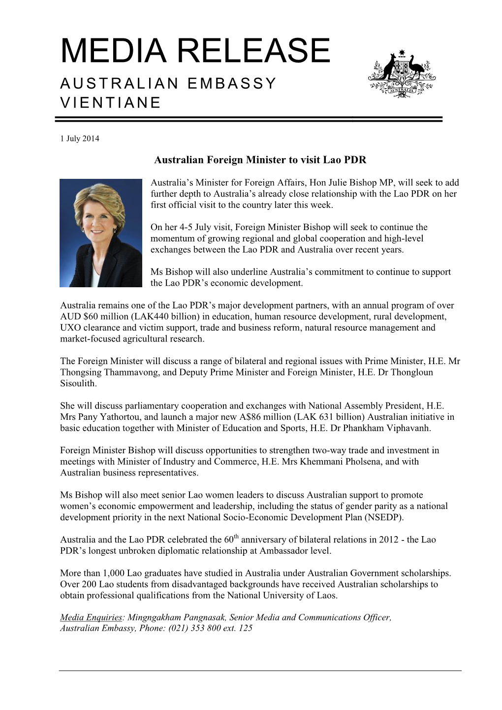 Media Release Australian Embassy Vientiane