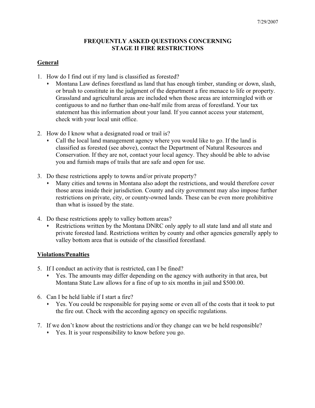 FREQUENTLY ASKED QUESTIONS CONCERNING STAGE II FIRE RESTRICTIONS General 1. How Do I Find out If My Land Is Classified As Forested?