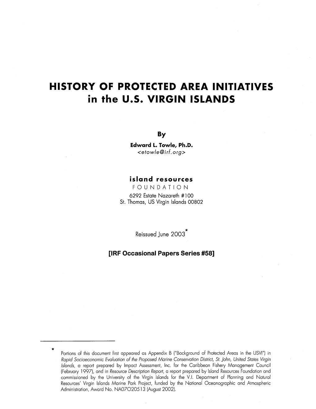 HISTORY of PROTECTED AREA INITIATIVES in the U.S. VIRGIN ISLANDS