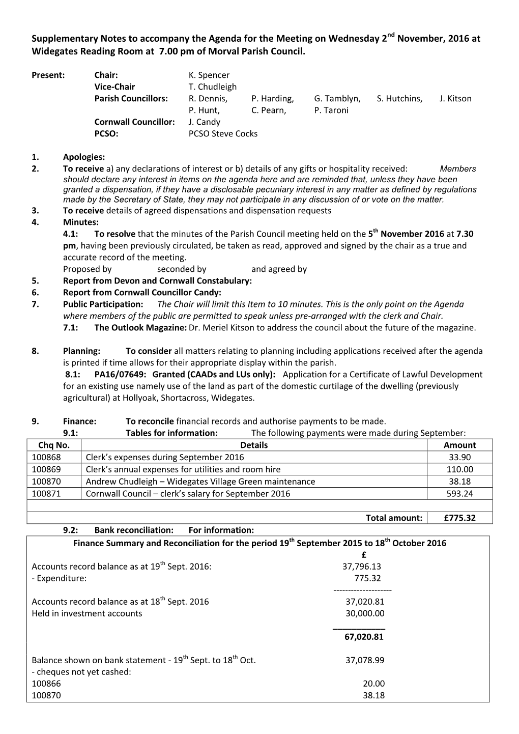 Supplementary Notes to Accompany the Agenda for the Meeting on Wednesday 2Nd November, 2016 at Widegates Reading Room at 7.00 Pm of Morval Parish Council