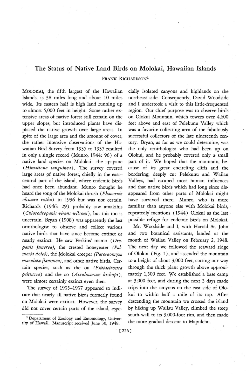 The Status of Native Land Birds on Molokai, Hawaiian Islands FRANK Richardsonl