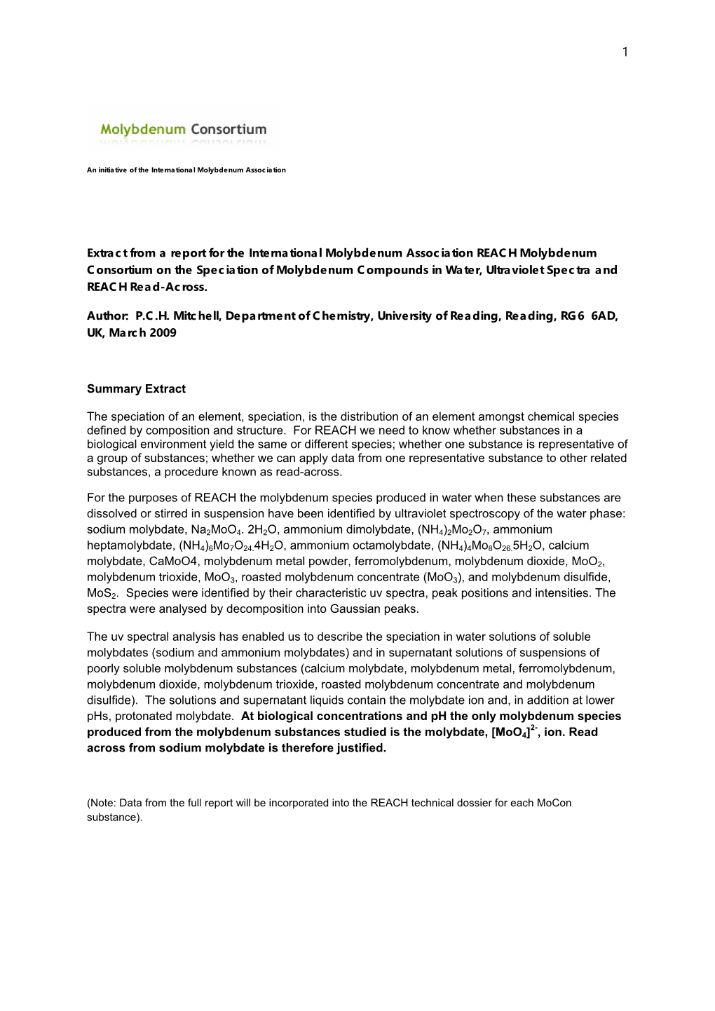 Speciation of Molybdenum Compounds in Water, Ultraviolet Spectra and REACH Read-Across