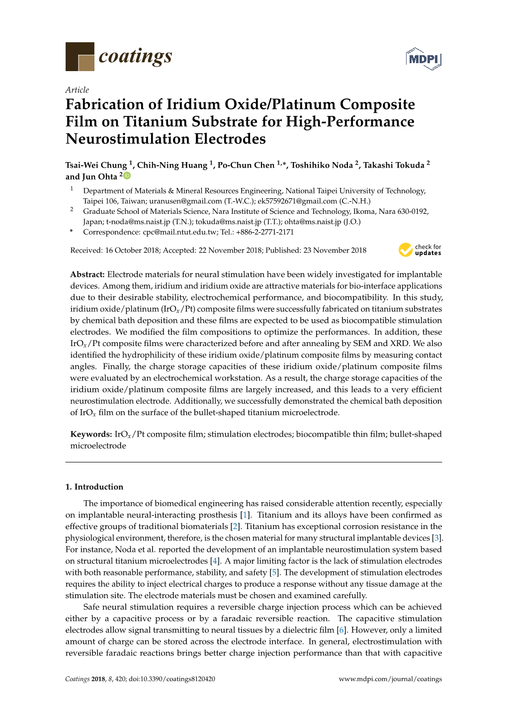 Fabrication of Iridium Oxide/Platinum Composite Film on Titanium Substrate for High-Performance Neurostimulation Electrodes