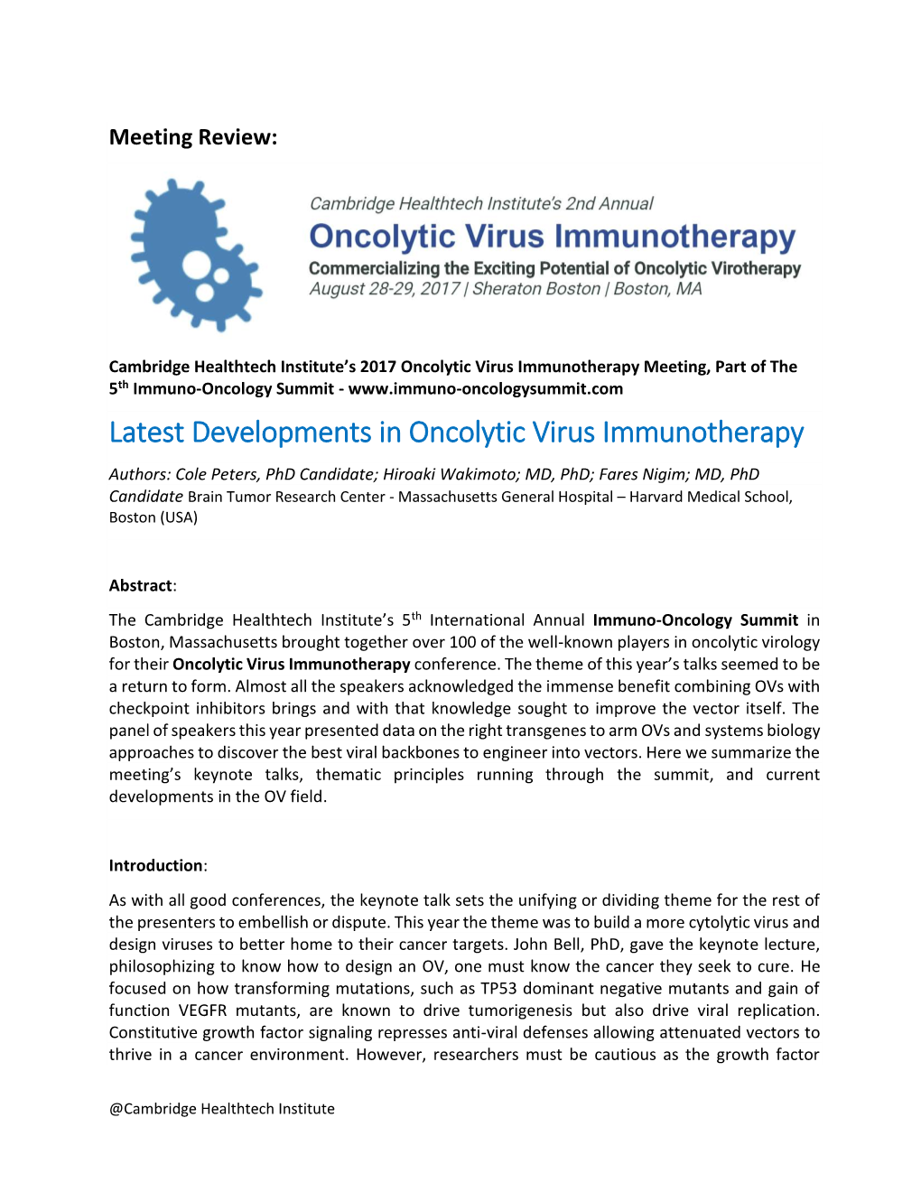 Oncolytic Virus Immunotherapy Meeting Review 2017