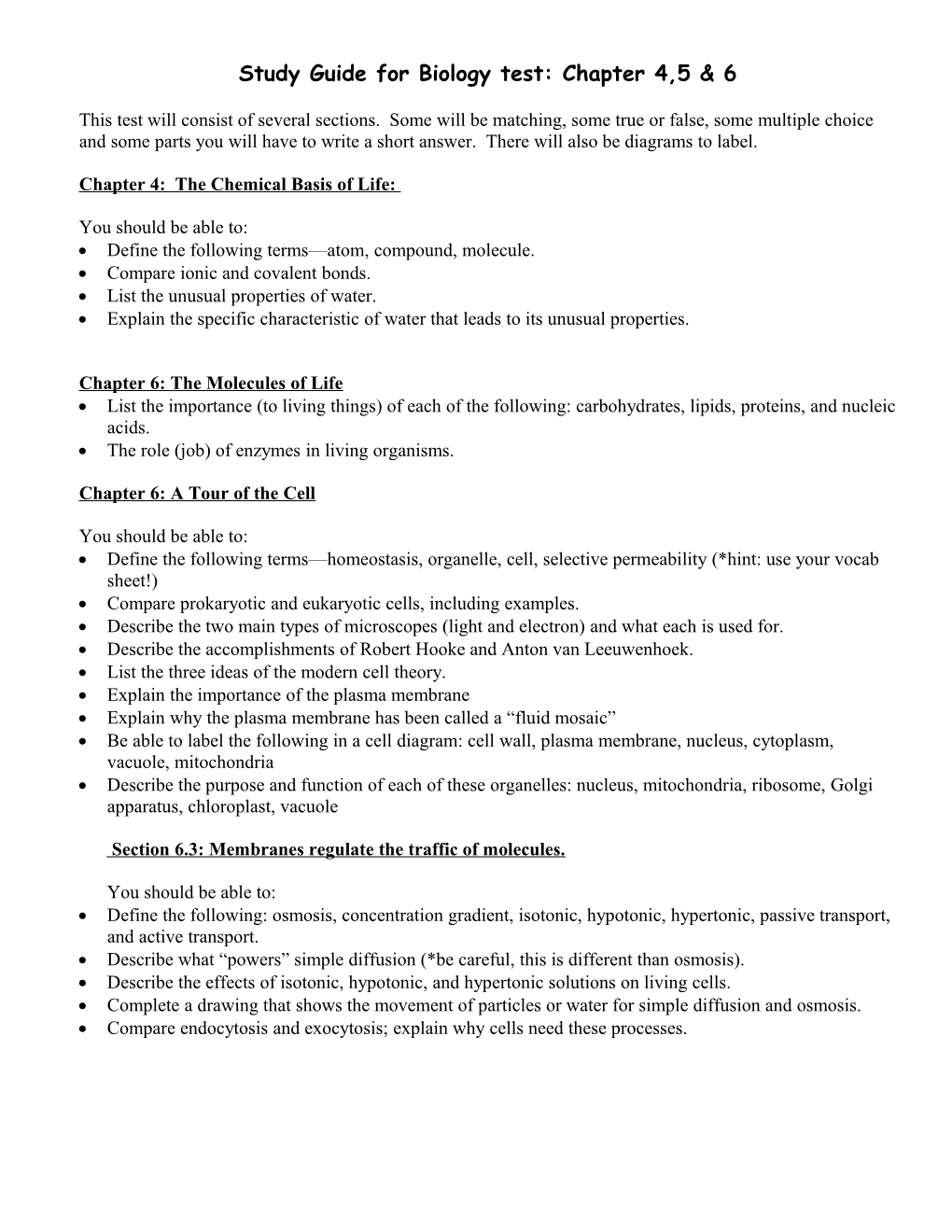 Study Guide for Biology Test: Chapter 6,7 & 8