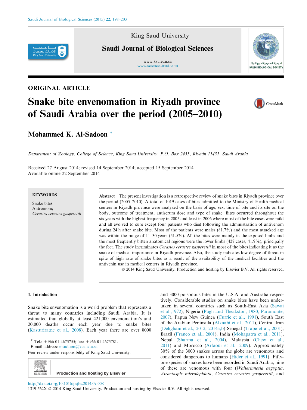 Snake Bite Envenomation in Riyadh Province of Saudi Arabia Over the Period (2005–2010)