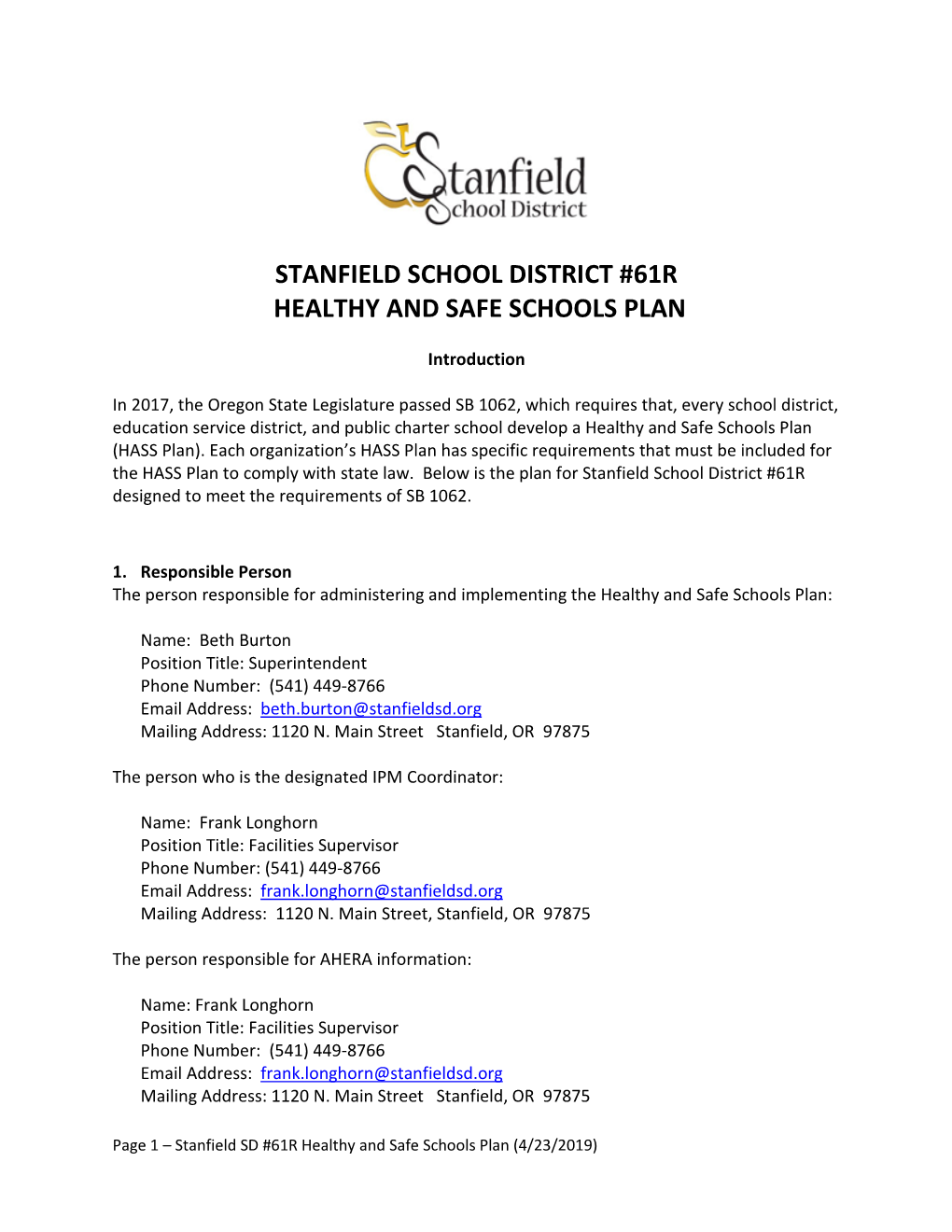 Stanfield School District #61R Healthy and Safe Schools Plan