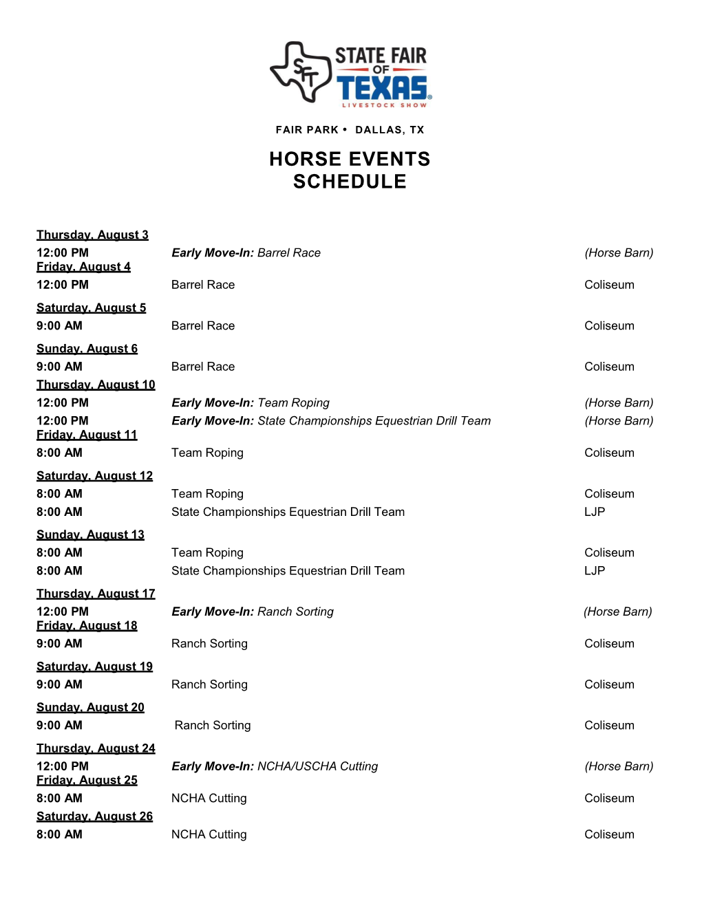 Horse Events Schedule