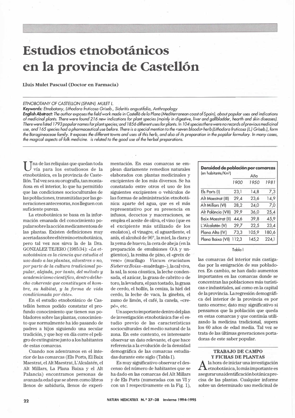 Estudios Etnobotánicos En La Provincia De Castellón