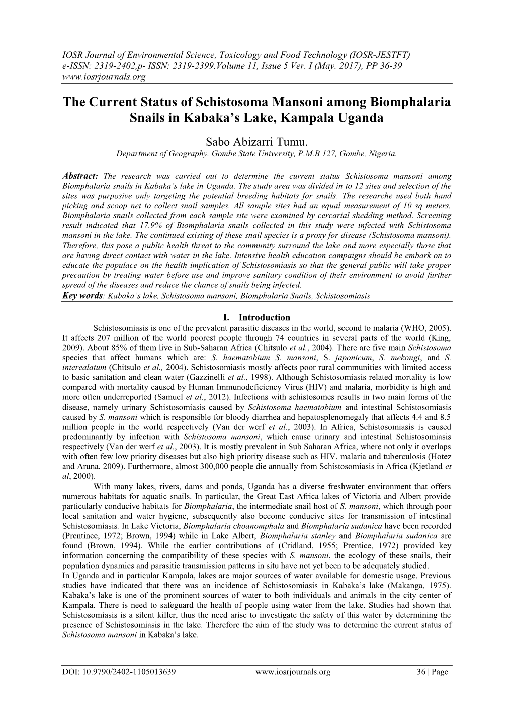 The Current Status of Schistosoma Mansoni Among Biomphalaria Snails in Kabaka’S Lake, Kampala Uganda