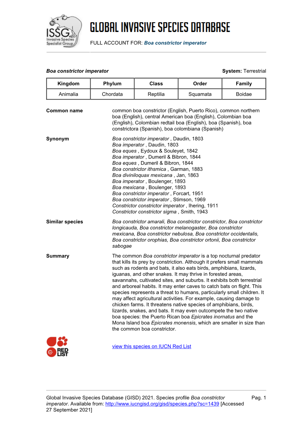 Boa Constrictor Imperator Global Invasive Species Database (GISD)