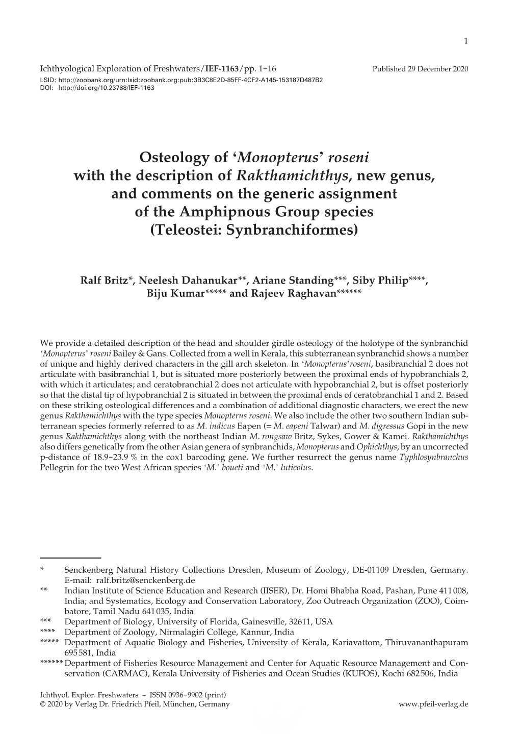 Osteology of 'Monopterus' Roseni with the Description of Rakthamichthys