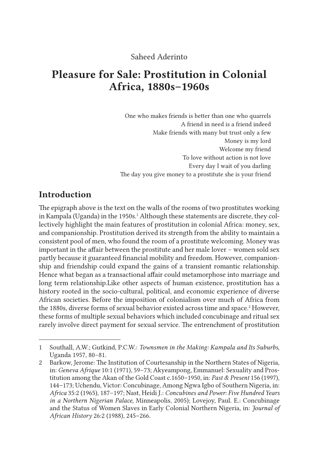 Pleasure for Sale: Prostitution in Colonial Africa, 1880S–1960S