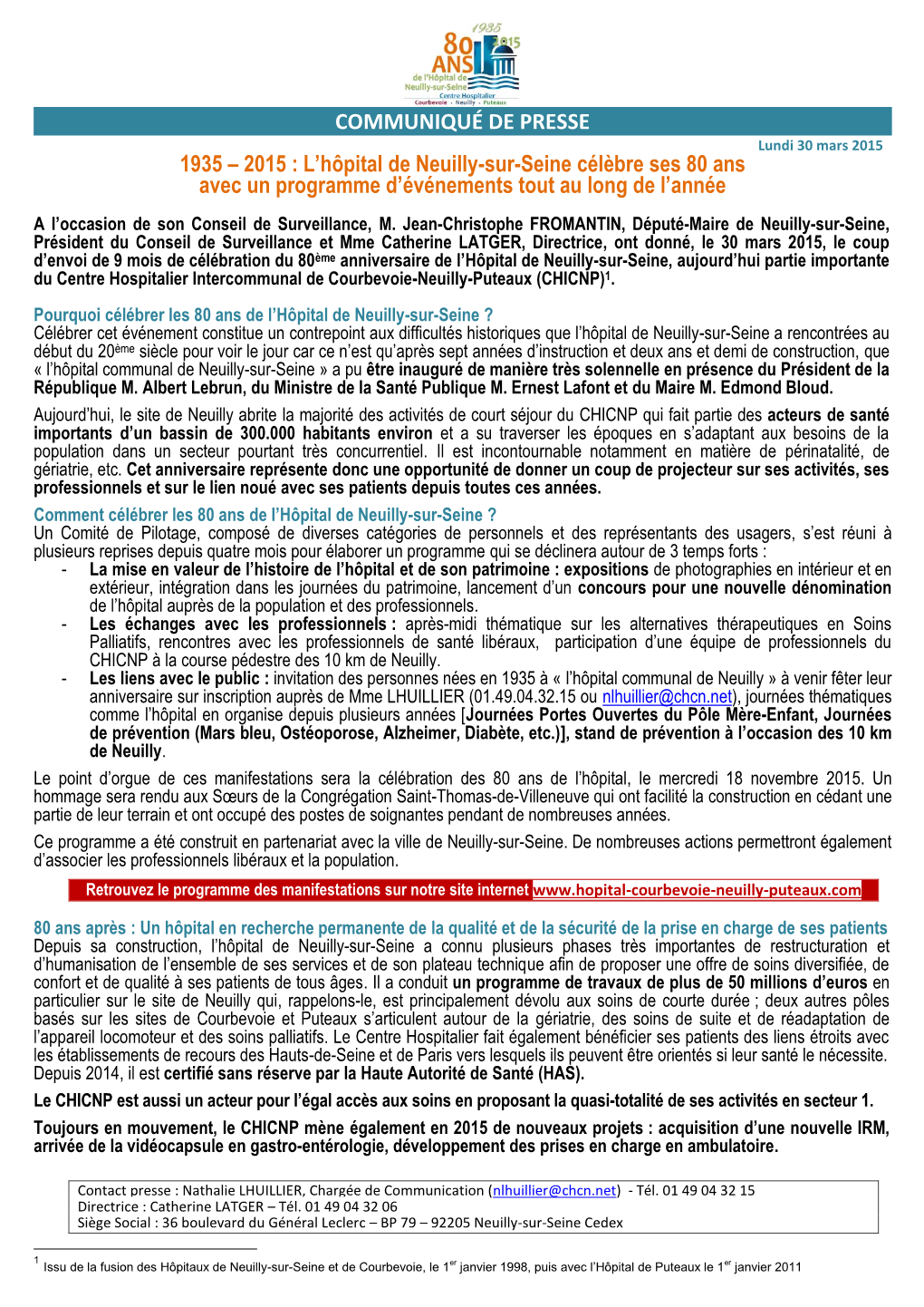 COMMUNIQUÉ DE PRESSE 1935 – 2015 : L'hôpital De Neuilly-Sur-Seine Célèbre Ses 80 Ans Avec Un Programme D'événements