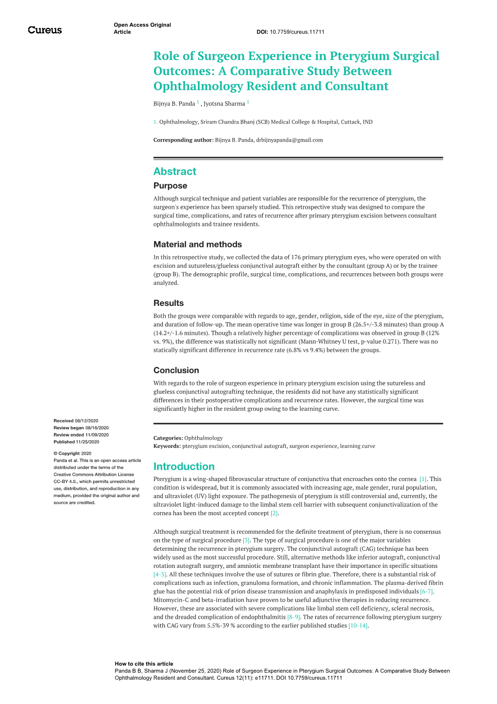 Role of Surgeon Experience in Pterygium Surgical Outcomes: a Comparative Study Between Ophthalmology Resident and Consultant