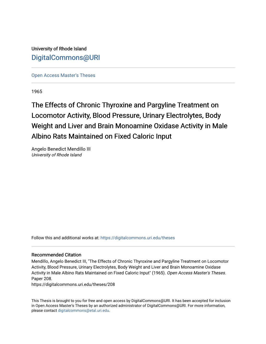 The Effects of Chronic Thyroxine and Pargyline Treatment on Locomotor