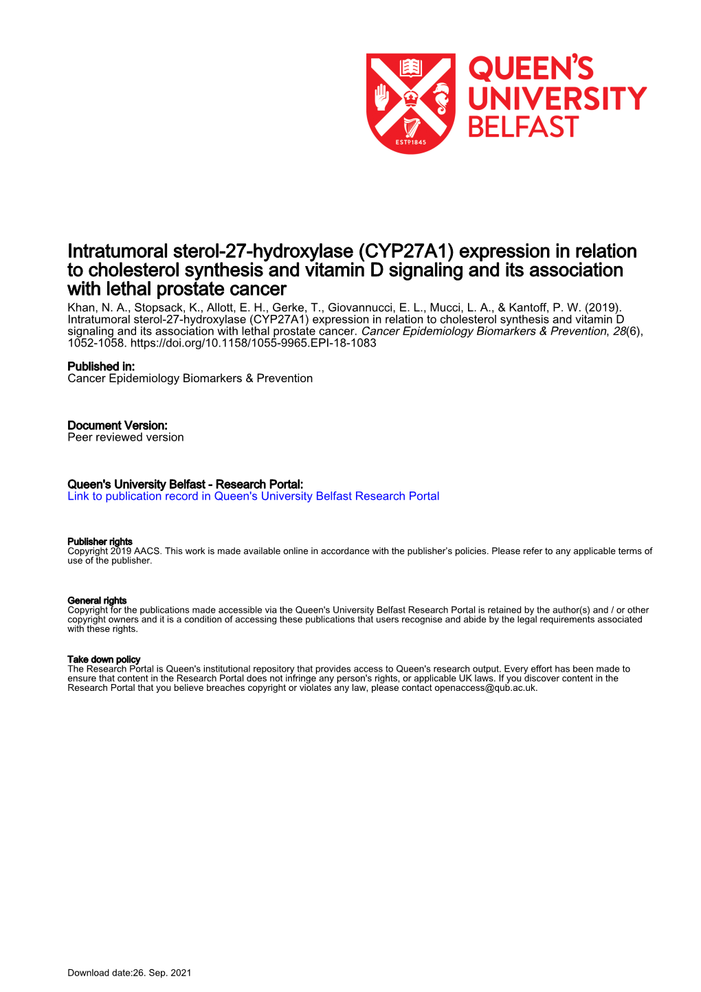 Intratumoral Sterol-27-Hydroxylase (CYP27A1) Expression in Relation to Cholesterol Synthesis and Vitamin D Signaling and Its