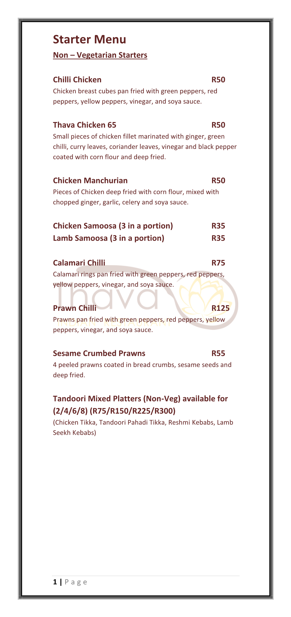 Starter Menu Non – Vegetarian Starters