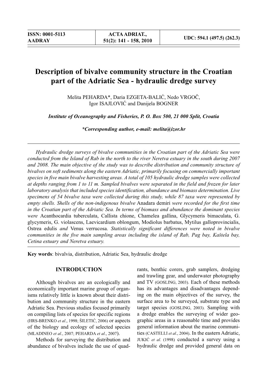 Description of Bivalve Community Structure in the Croatian Part of the Adriatic Sea - Hydraulic Dredge Survey