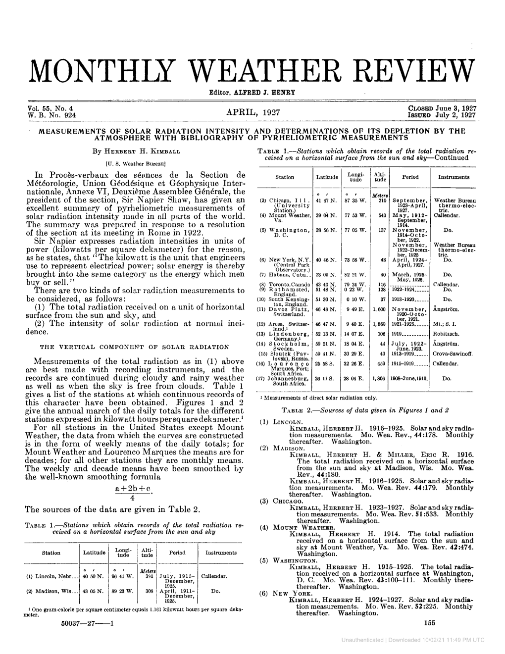 MEASUREMENTS of SOLAR RADIATION INTENSITY and DETERMINATIONS of ITS DEPLETION by the ATMOSPHERE with BIBLIOCIRAPHY of PYRHELIOMETRIC MEASUREMENTS by HERBERTH