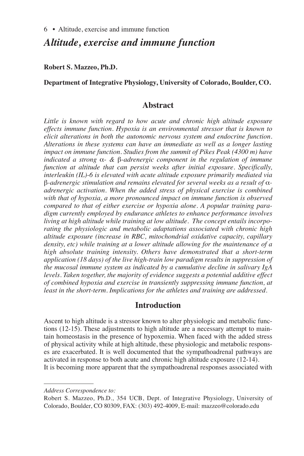 Altitude, Exercise and Immune Function Altitude, Exercise and Immune Function