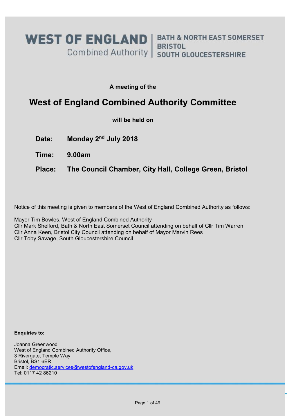 West of England Combined Authority Committee