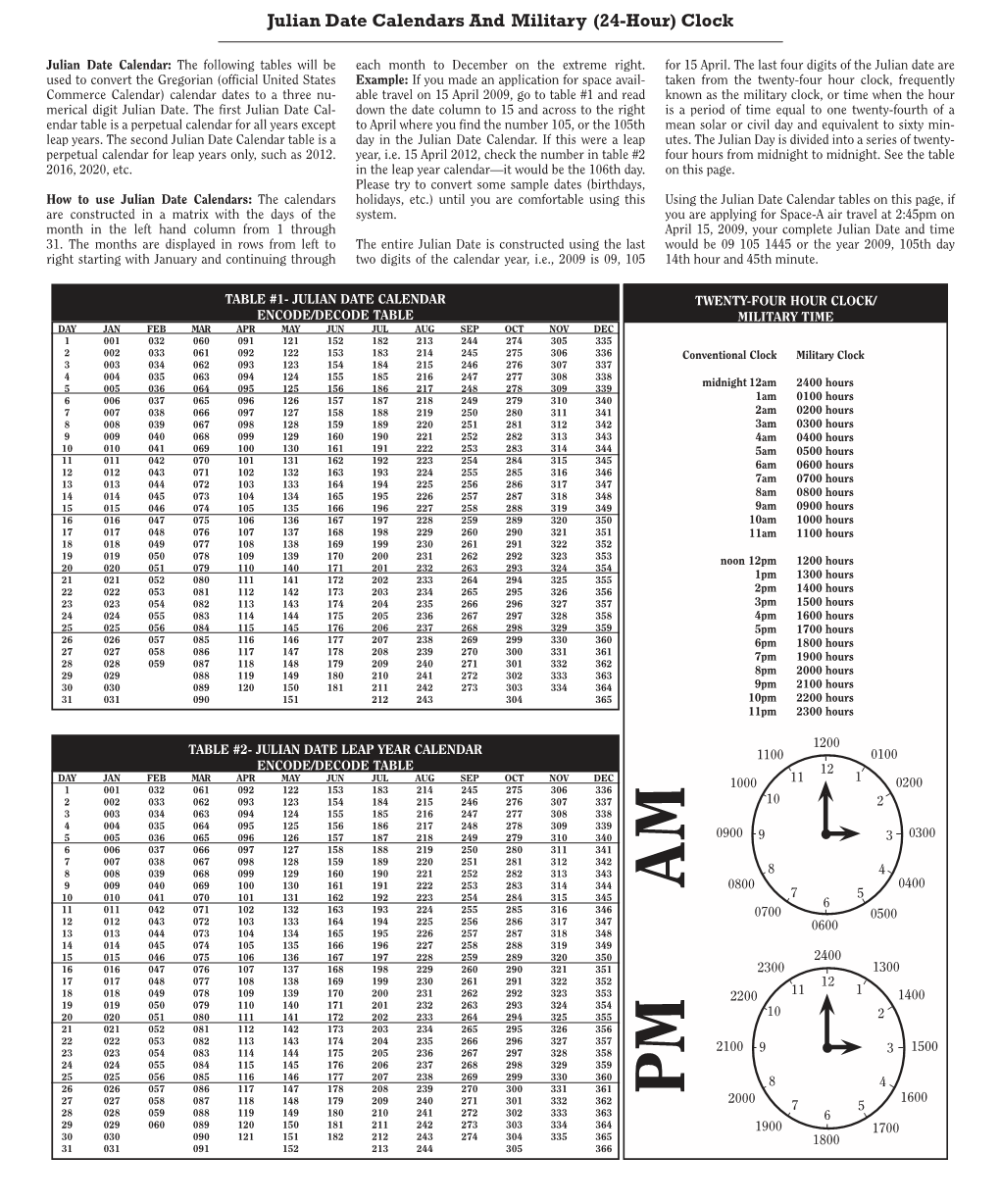 Julian Date Calendars and Military (24-Hour) Clock