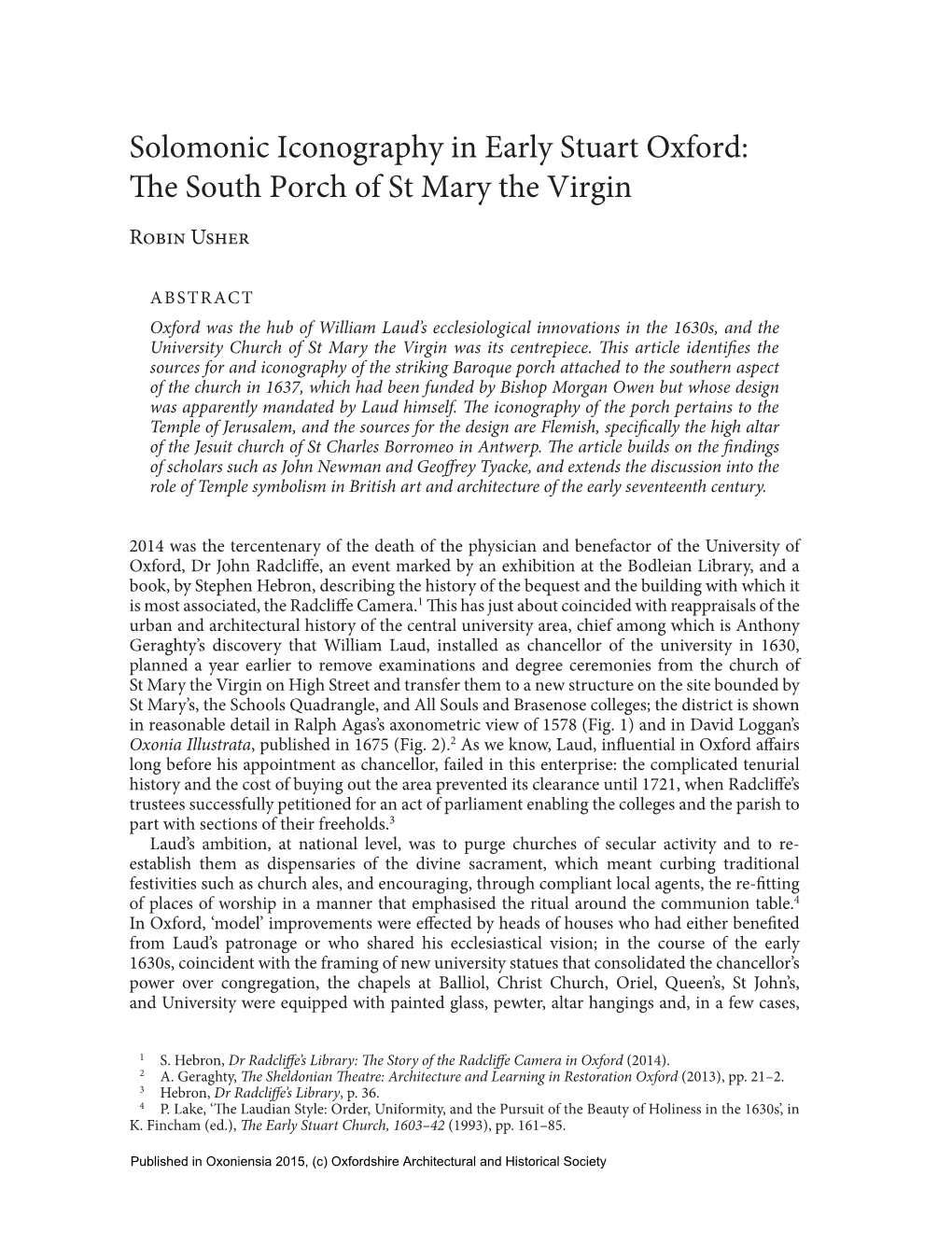 Solomonic Iconography in Early Stuart Oxford: the South Porch of St Mary the Virgin Robin Usher