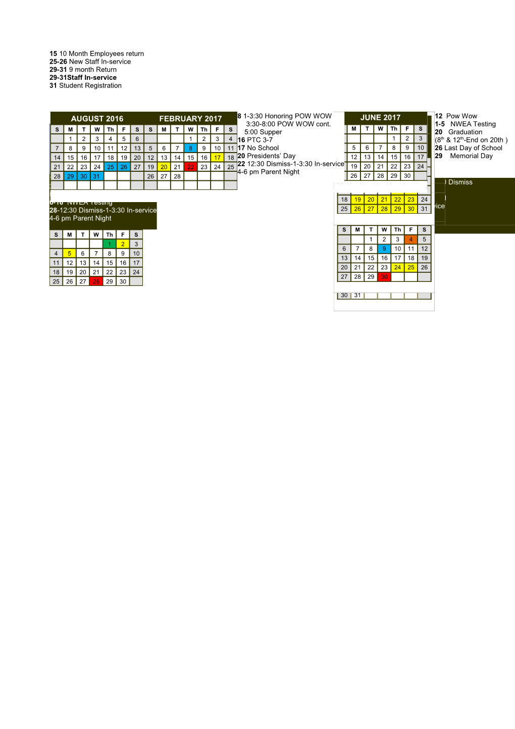 Crow Creek Tribal School 2016-2017 CALENDAR