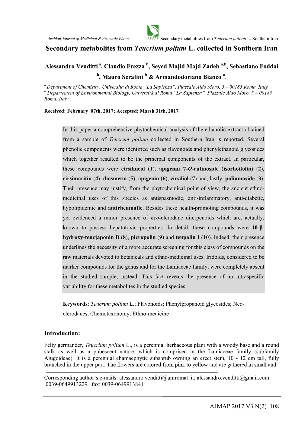 Secondary Metabolites from Teucrium Polium L. Collected in Southern Iran