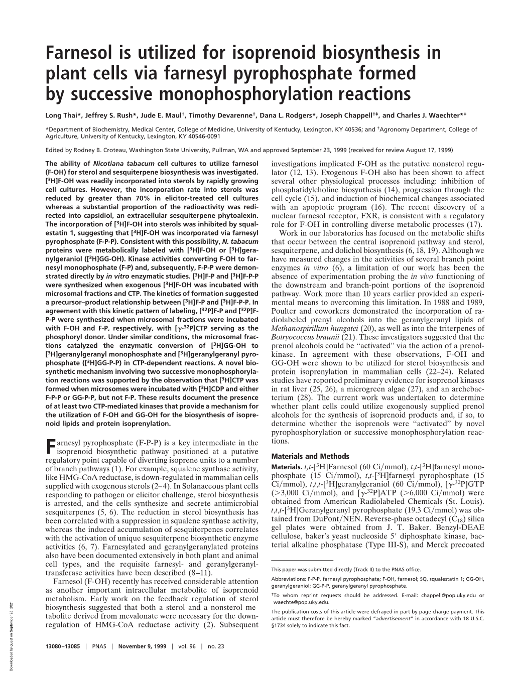 Farnesol Is Utilized for Isoprenoid Biosynthesis in Plant Cells Via Farnesyl Pyrophosphate Formed by Successive Monophosphorylation Reactions