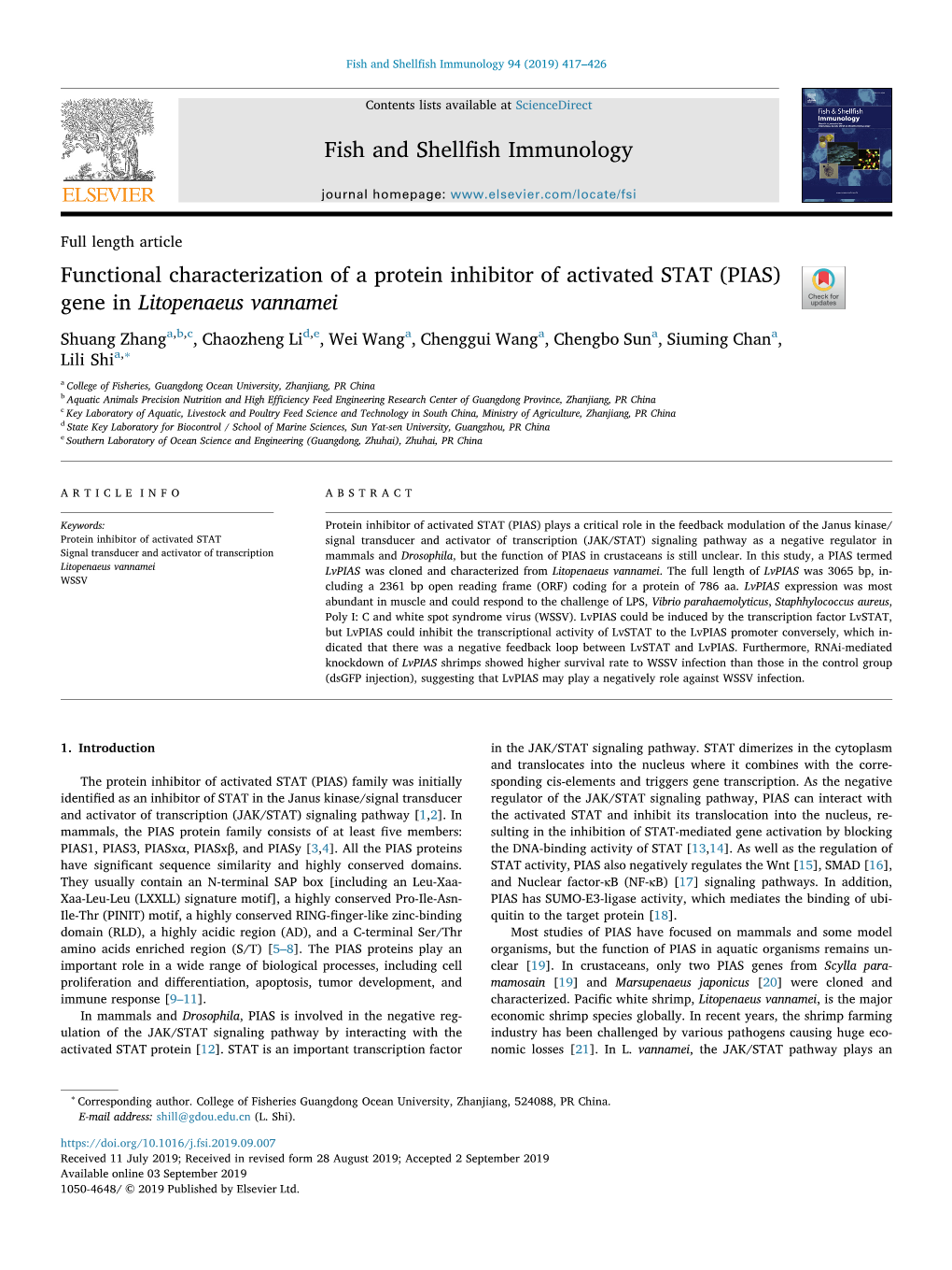 Functional Characterization of a Protein Inhibitor of Activated STAT (PIAS) Gene in Litopenaeus Vannamei T