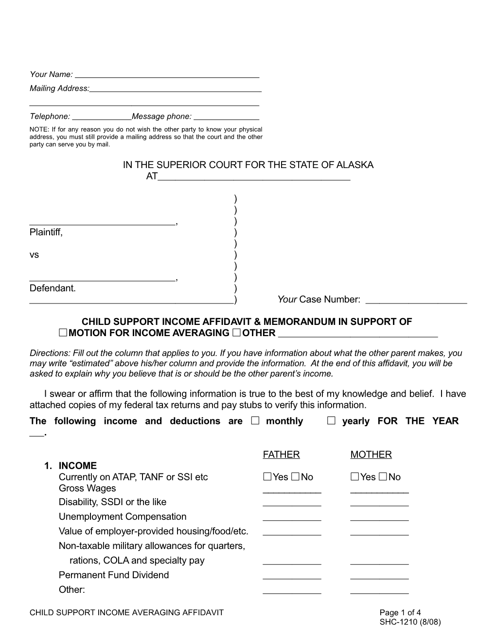 Child Support Guidelines Affidavit, SHC-1210