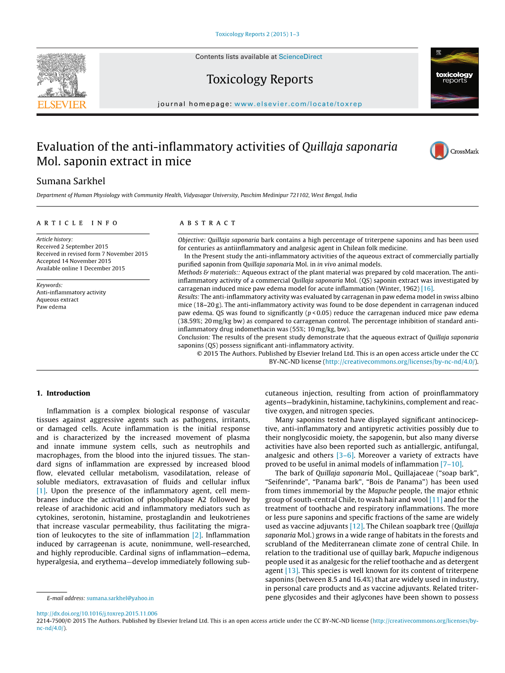Evaluation of the Anti-Inflammatory Activities of Quillaja Saponaria Mol