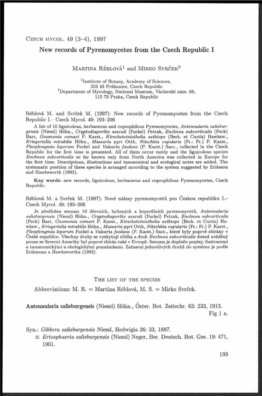 New Records of Pyrenomycetes from the Czech Republic I