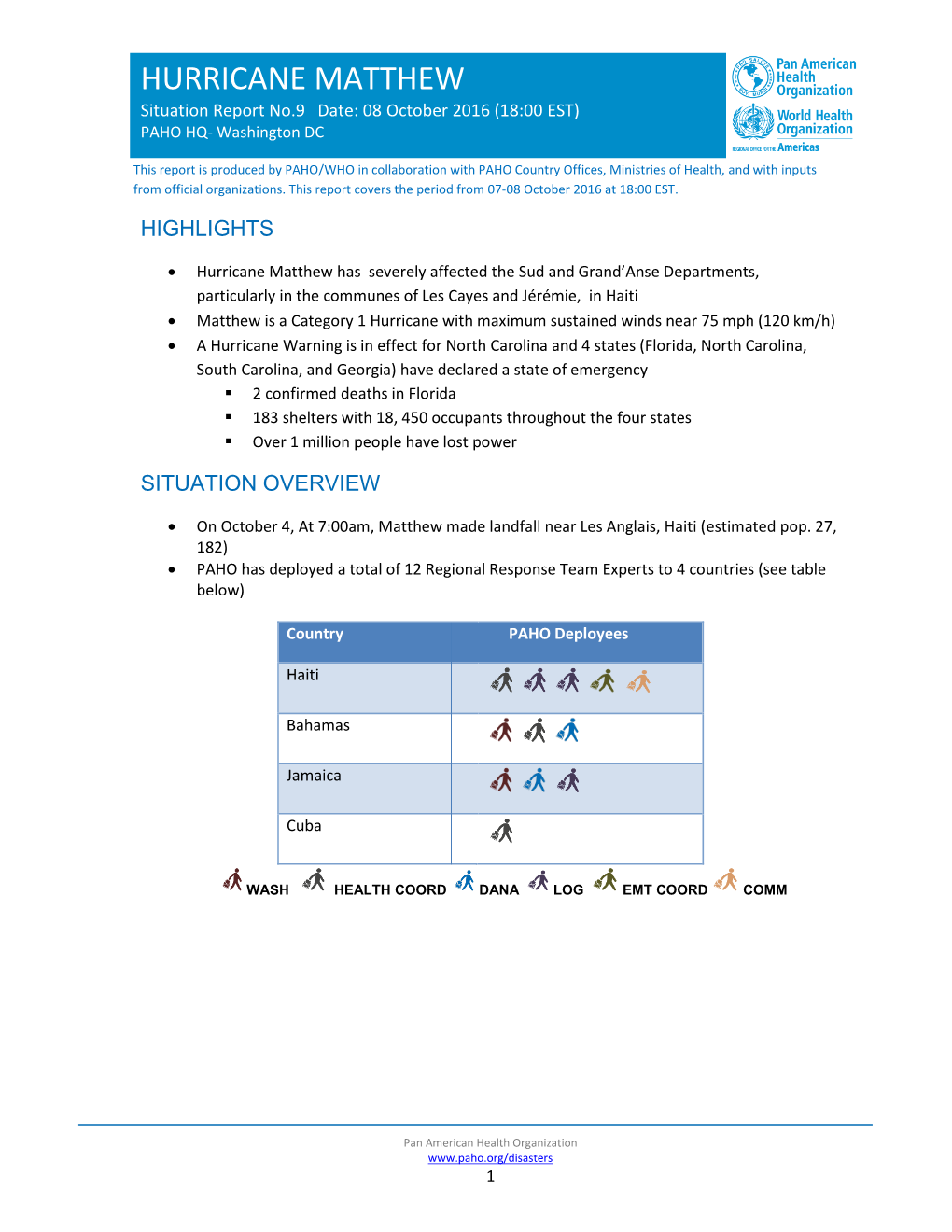 HURRICANE MATTHEW Situation Report No.9 Date: 08 October 2016 (18:00 EST) PAHO HQ- Washington DC