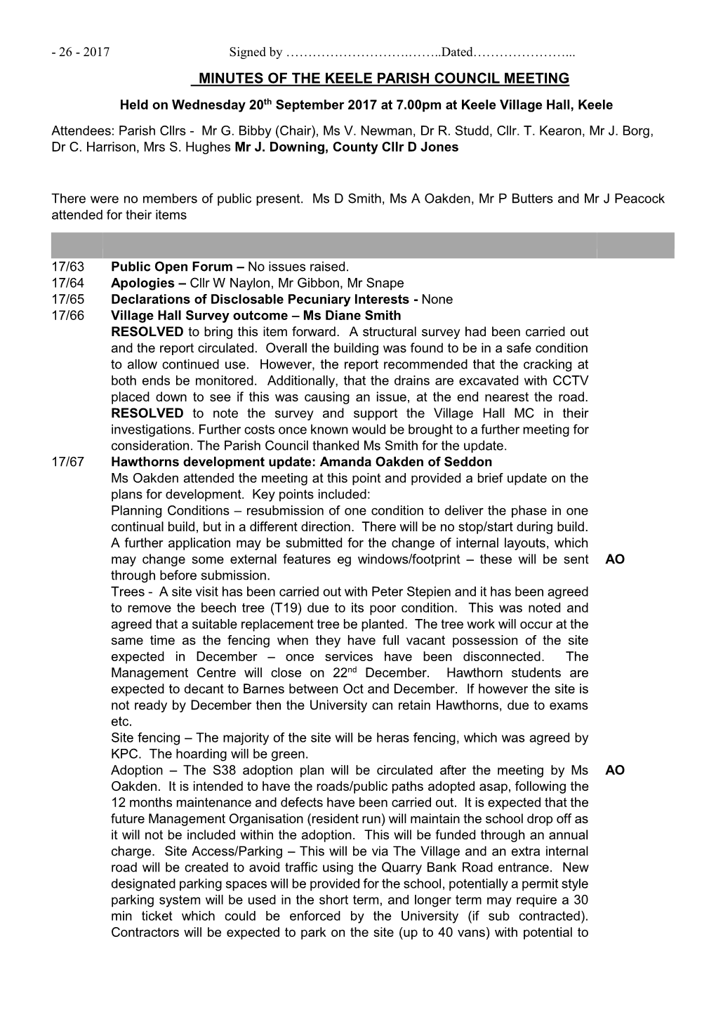 MINUTES of the KEELE PARISH COUNCIL MEETING Held on Wednesday 20Th September 2017 at 7.00Pm at Keele Village Hall, Keele Attendees: Parish Cllrs - Mr G