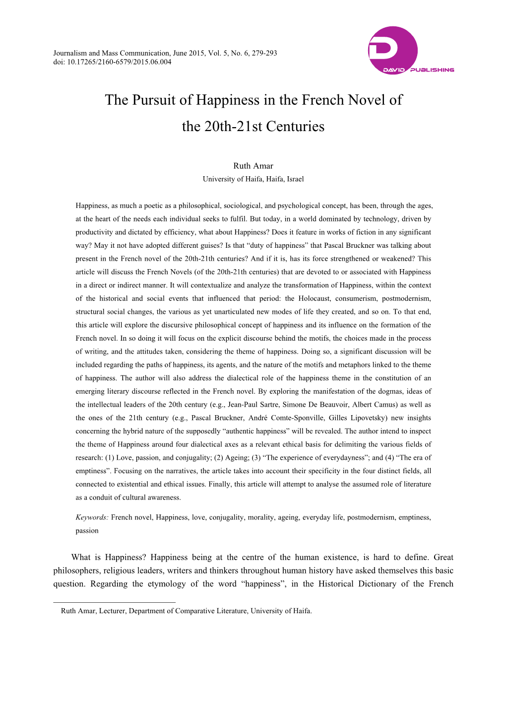 The Pursuit of Happiness in the French Novel of the 20Th-21St Centuries