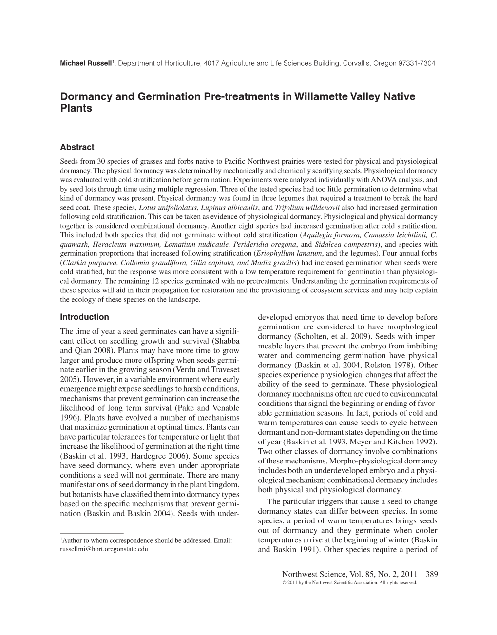 Dormancy and Germination Pre-Treatments in Willamette Valley Native Plants