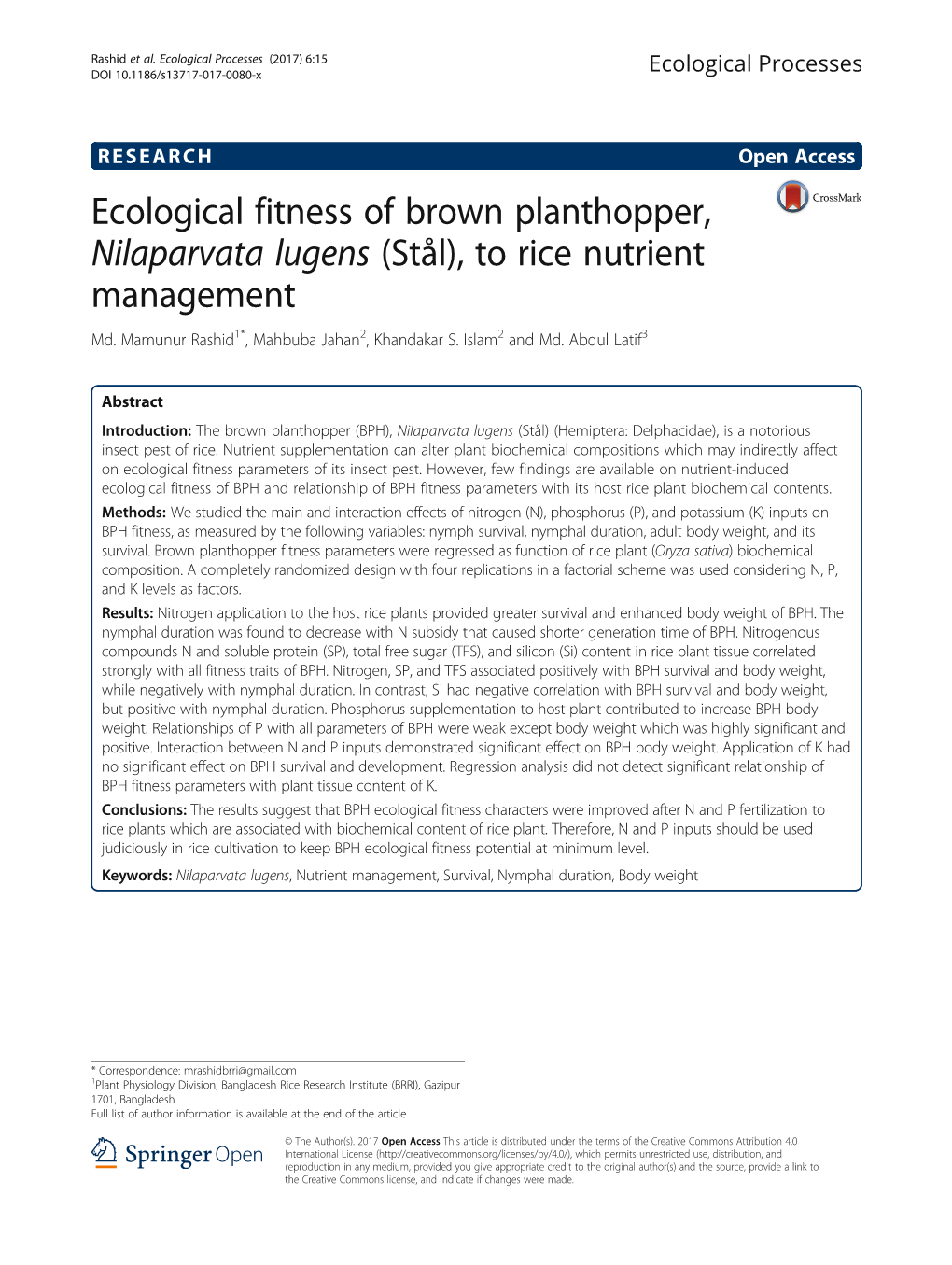 Ecological Fitness of Brown Planthopper, Nilaparvata Lugens (Stål), to Rice Nutrient Management Md