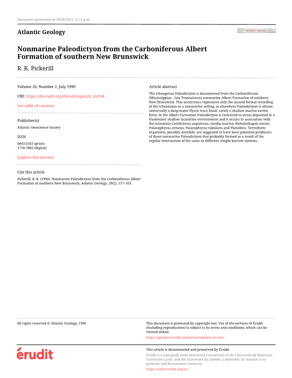 Nonmarine Paleodictyon from the Carboniferous Albert Formation of Southern New Brunswick R